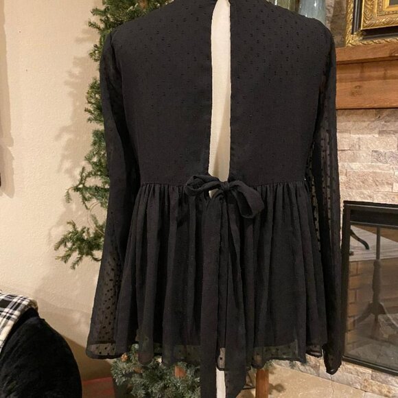 ZARA TRAFALUC COLLECTION Womens S BLACK Top Embroidered Babydoll Open Back Tie - Picture 4 of 7